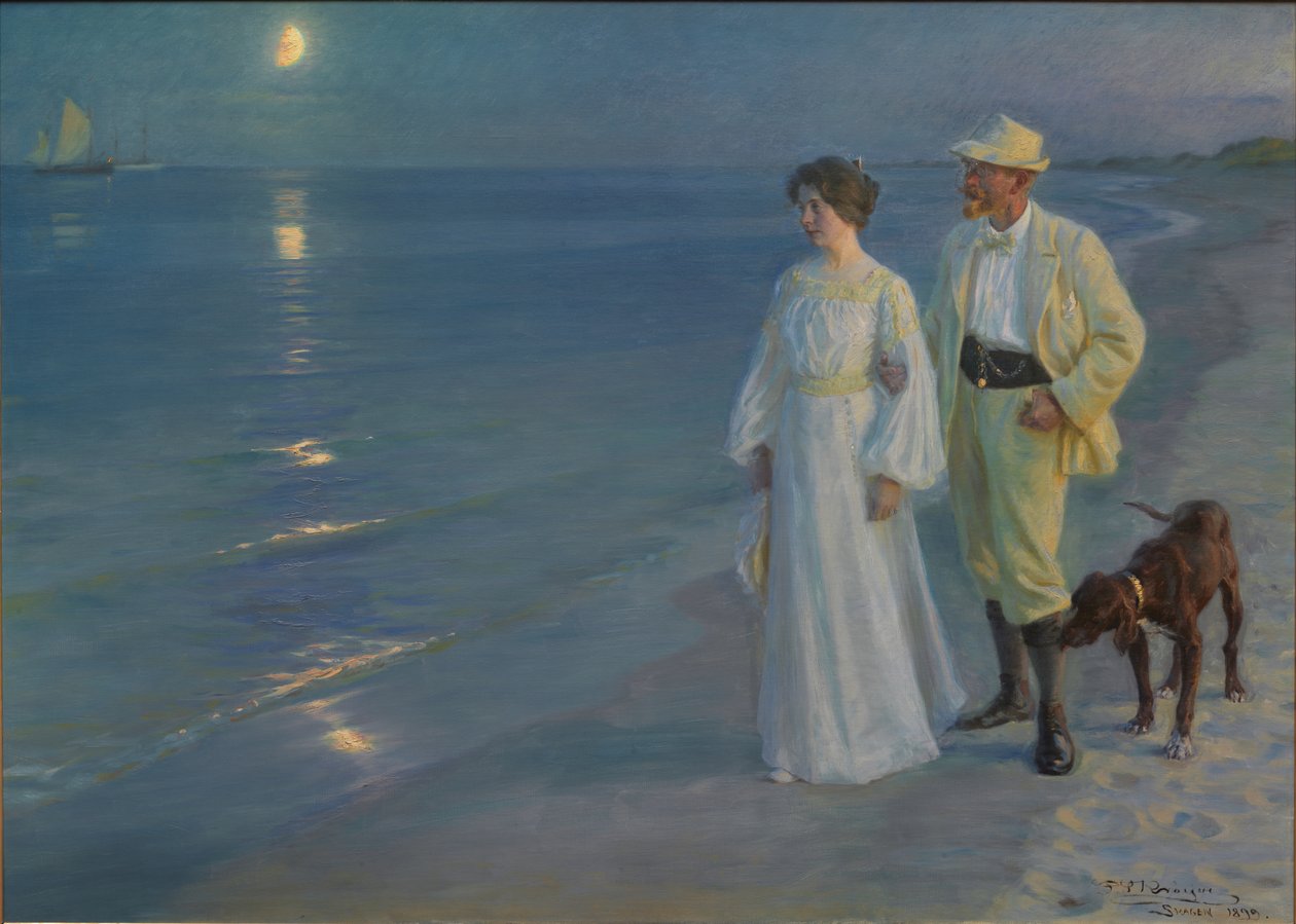 Dinamarquês: Sommeraften ved Skagens Strand Noite de verão na praia de Skagen. O artista e a sua mulher. de Peder Severin Krøyer