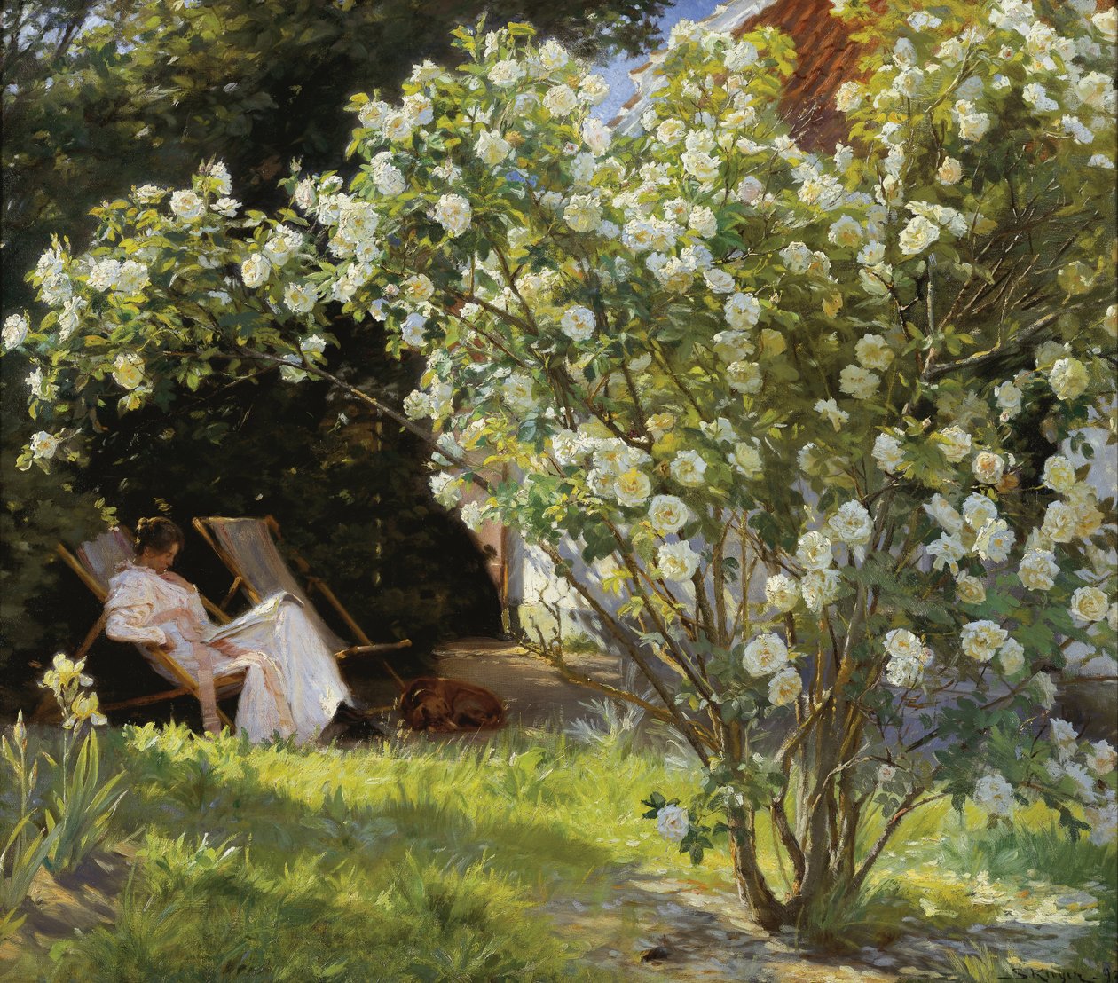 Rosas. Marie Krøyer sentada na espreguiçadeira no jardim ao lado da casa da Sra. Bendsen de Peder Severin Krøyer