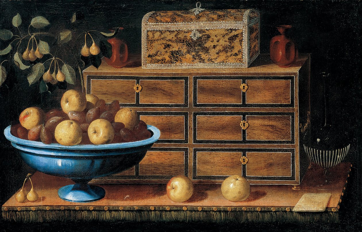 Secretária com um pequeno baú e uma tigela de frutas de Pedro de Camprobín