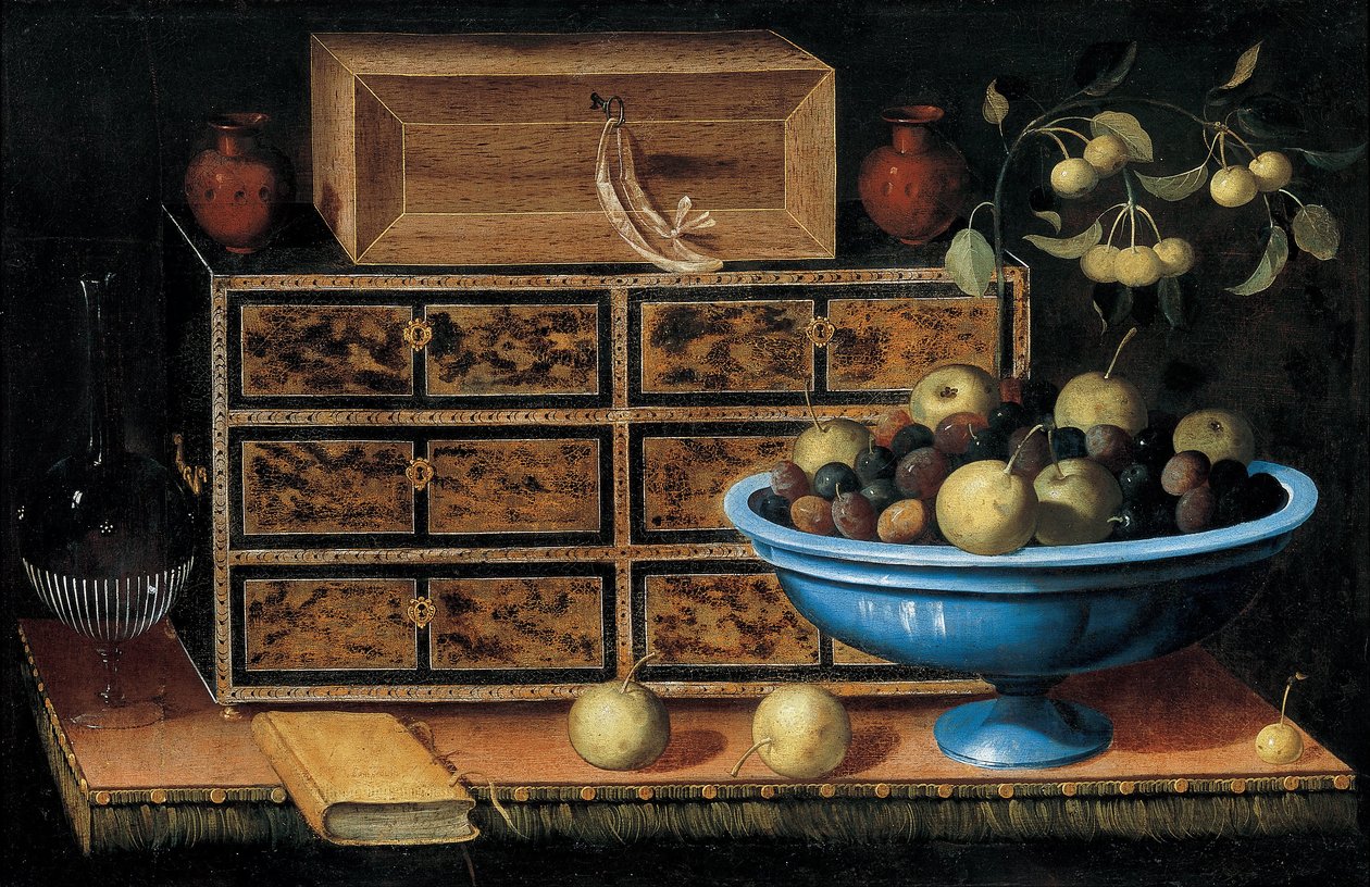 Secretária com um pequeno baú e uma tigela de frutas de Pedro de Camprobín