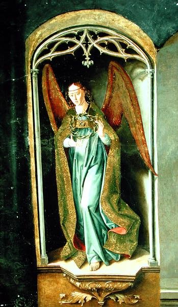Anjo segurando a coroa de espinhos, detalhe do Retábulo de Santo Tomás de Aquino, 1510 de Pedro Berruguete