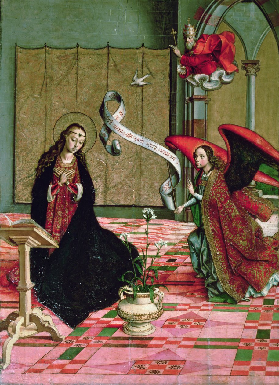 A Anunciação, detalhe do Retábulo de Santa Ana e da Virgem de Pedro Berruguete