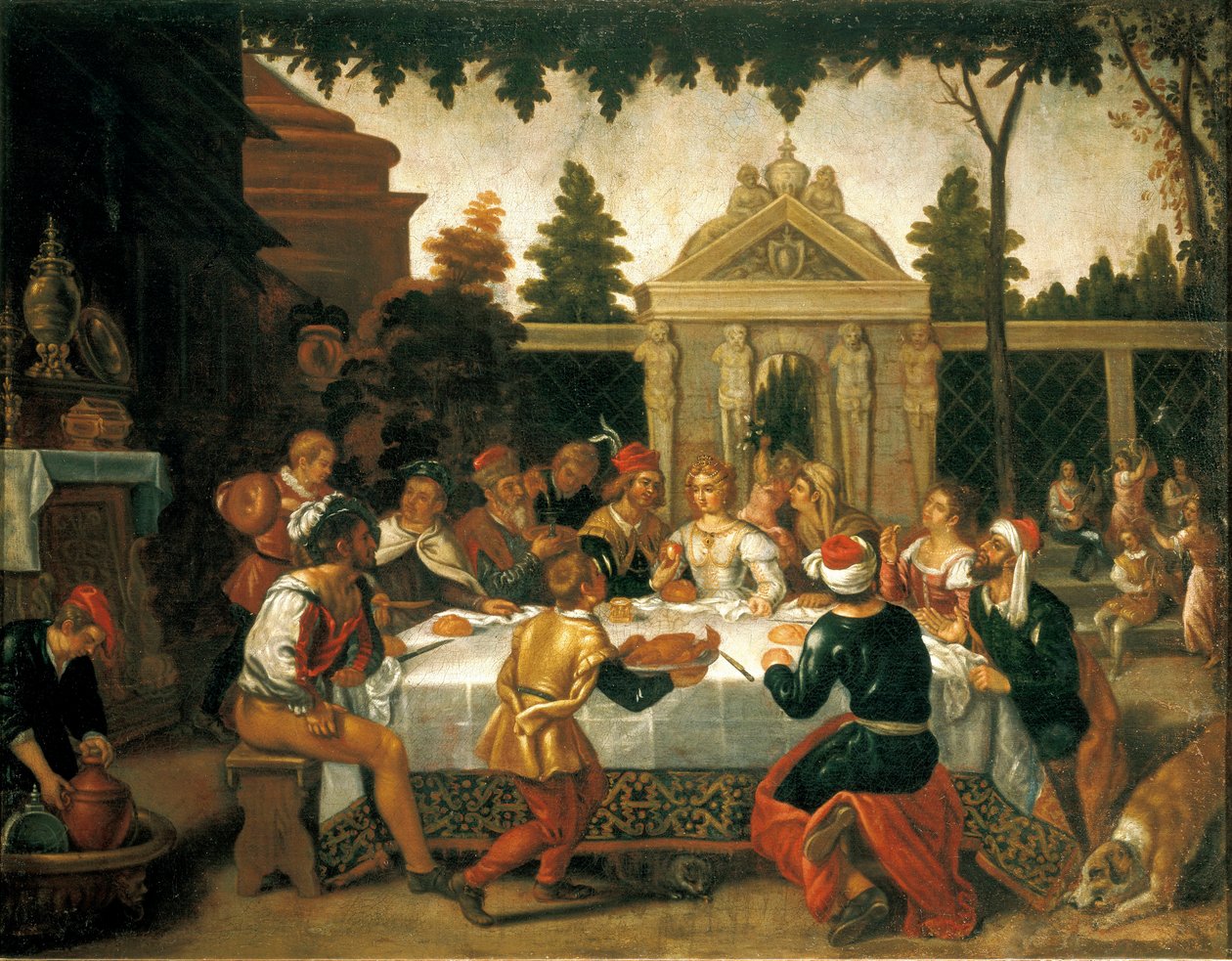 Festa de casamento de Isaac e Rebecca, por um artista da escola Pedro Orrente (1580-ca 1645) de Pedro (school of) Orrente
