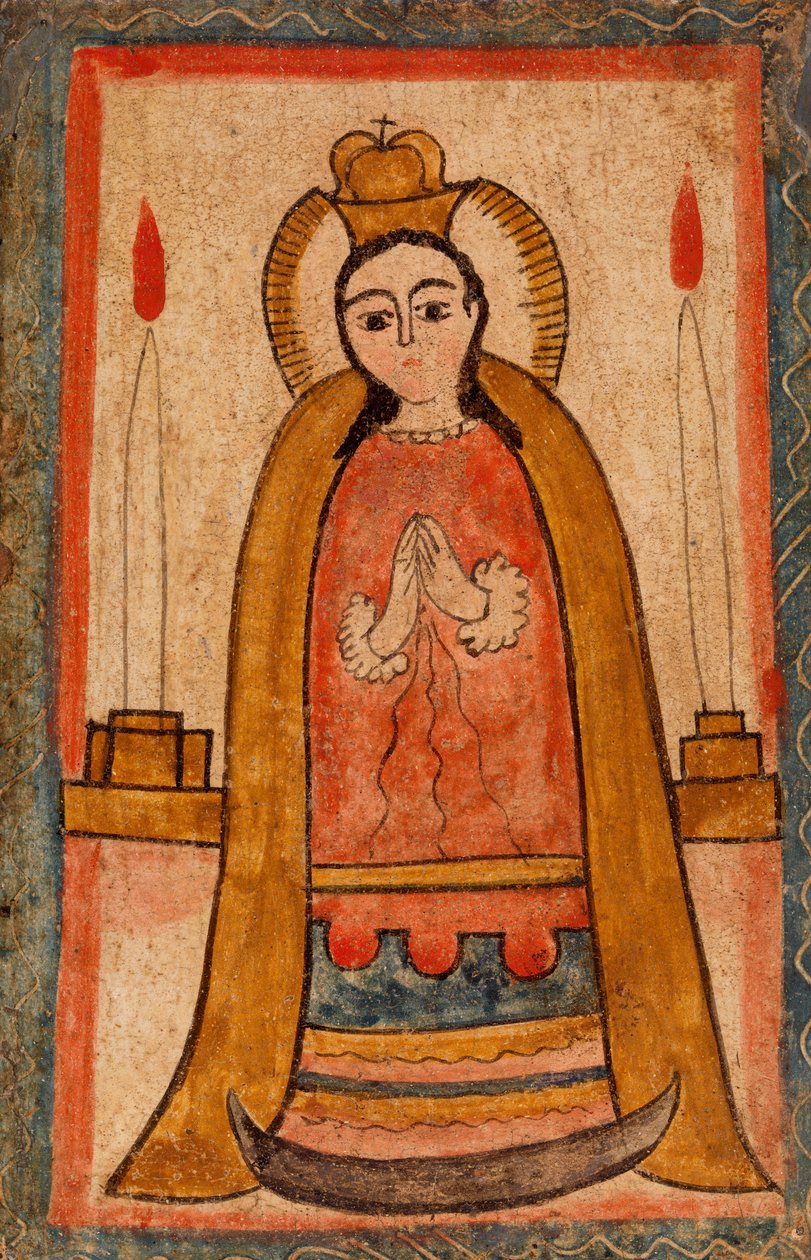 Madonna vestindo uma bata vermelha, c. 1820 (tinta à base de água sobre painel de madeira) de Pedro Antonio Frésquis