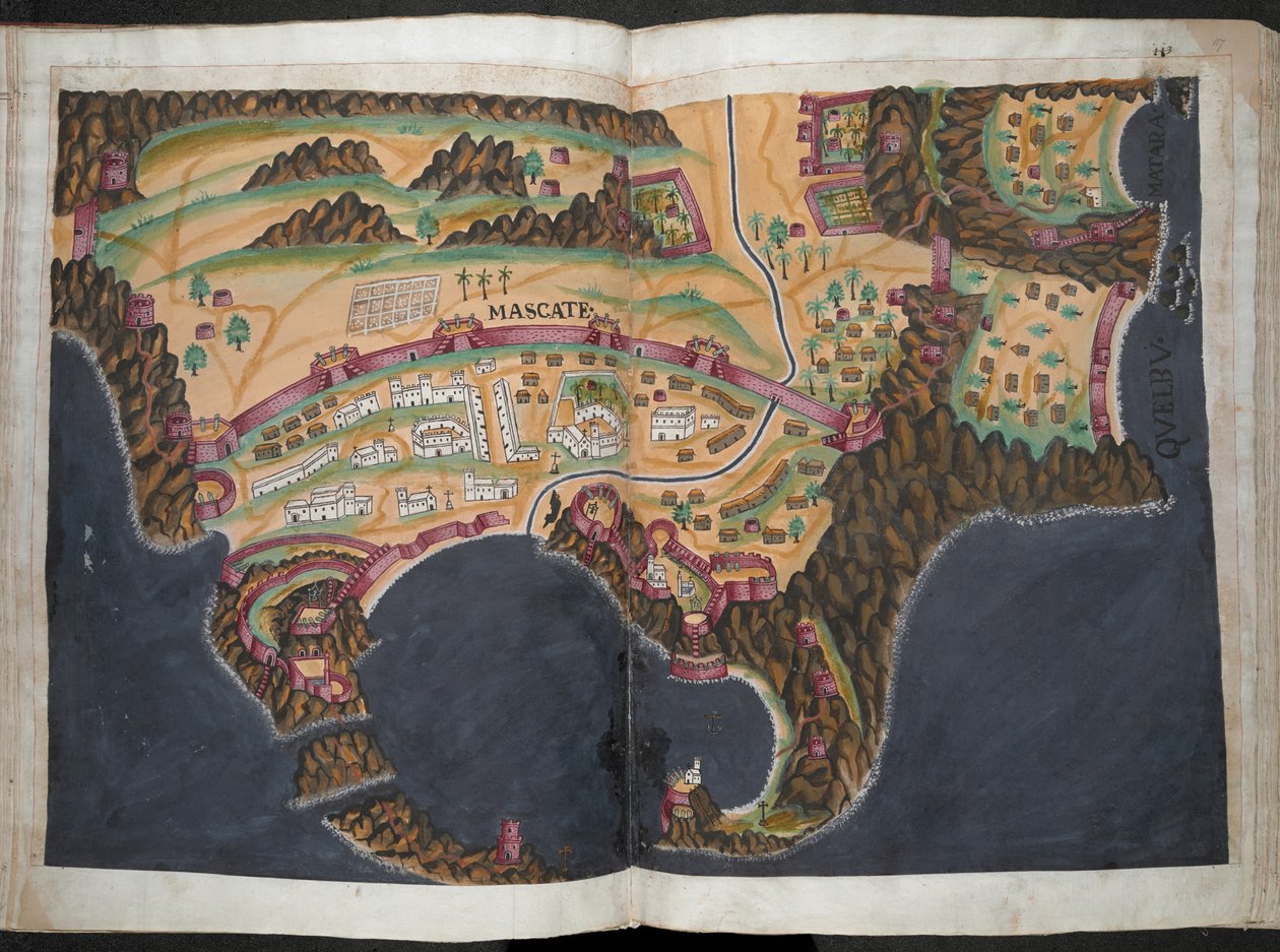 Um plano ou vista de Mascate [Moscatel], c.1635 (pigmento sobre papel) de Pedro Barretto de Resende