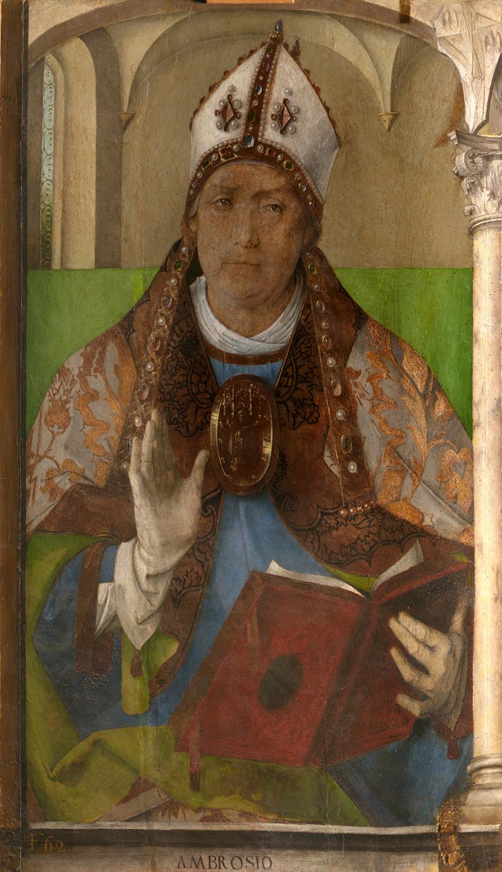 Ambrósio de Milão (c. 340-397) - Santo Ambrósio, Arcebispo de Milão por Berruguete, Pedro (1450-1503). Óleo sobre madeira, tamanho: 117x65, c. 1473-1475, Galleria Nazionale delle Marche, Urbino de Pedro Berruguete