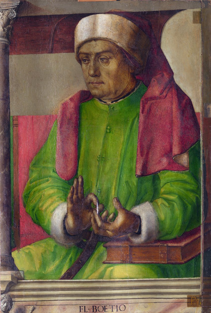 Boece (480-524) - Boethius par Berruguete, Pedro (1450-1503). Óleo sobre madeira, tamanho: 97x63, c. 1473-1475, Galleria nazionale delle Marche, Urbino. de Pedro Berruguete
