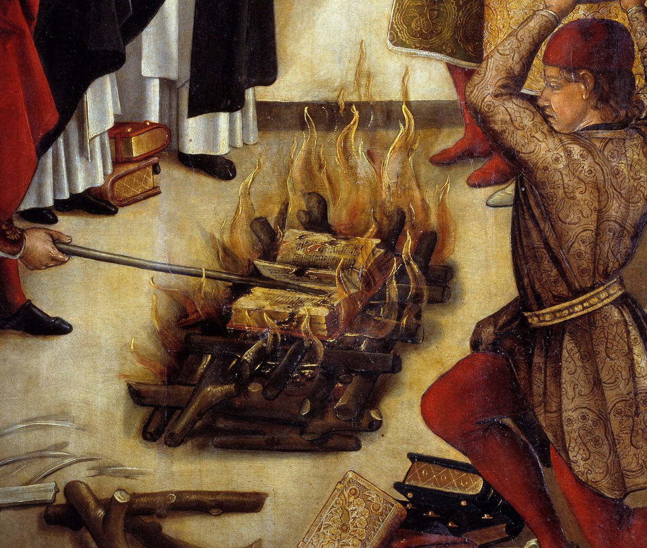 Detalhe de "Saint Dominique et les Albigeois" (Le Miracle des Fanjeaux): o santo dá aos Albigeois o livro refutando sua heresia e os Albigeois tentam queimá-lo, sem sucesso. Pintura de Pedro Berruguete (1450-1504). Sol do século XVI. 1,22 x 0 de Pedro Berruguete