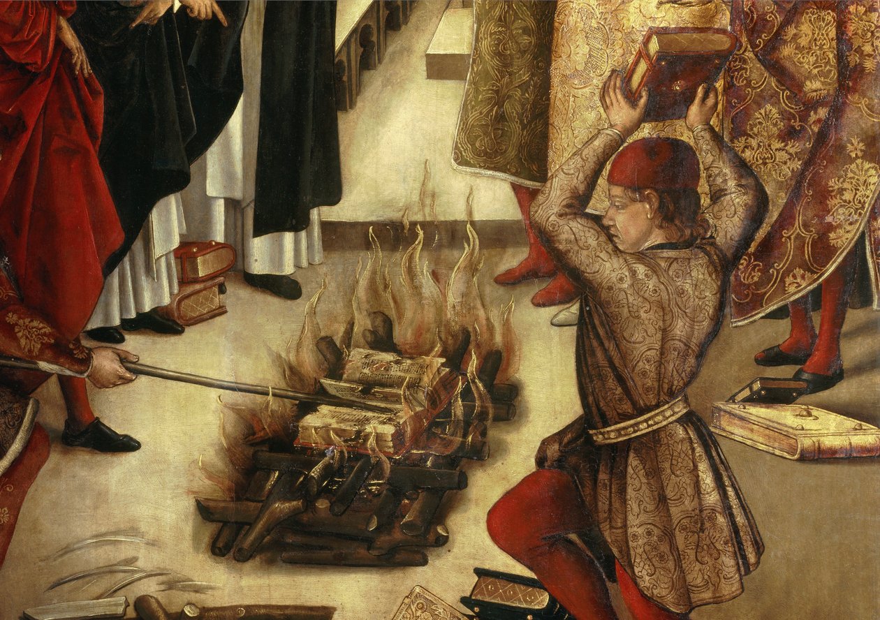 Detalhe de "Saint Dominique et les Albigeois" (Le Miracle des Fanjeaux): o santo dá aos Albigeois o livro refutando sua heresia e os Albigeois tentam queimá-lo, sem sucesso. Detalhe. Pintura de Pedro Berruguete (1450-1504). Sol do século XVI. de Pedro Berruguete