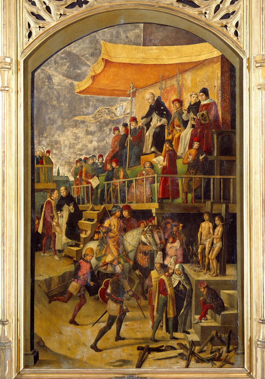 Inquisição "Autodafe preside por Santa Domingas de Guzman (1170-1221), fundadora da Ordem Dominicana" Pintura sobre madeira por Pedro Berruguete (1450-1504) 1495 Sol. 1,54x0,92 m Madrid, Musee du Prado de Pedro Berruguete