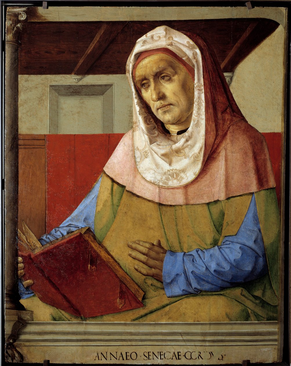 Retrato de Seneque (Lucius Annaeus Seneca, 4 AC-65 DC. JC), filósofo da escola estóica, dramaturgo e estadista romano. Pintura de Pedro Berruguete (cerca de 1450 - antes de 1500) e Just From Ghent (1435-1480) Ec. Flam de Pedro Berruguete