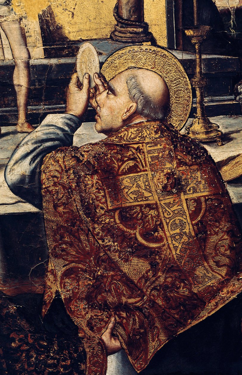 A Eucaristia (O santo eleva a hóstia, símbolo cristão do corpo de Cristo). Detalhe do retábulo da Missa de Gregório I, chamada de Grande ou Diálogo (540-604) Papa em 590. Pintura de Pedro BERRUGUETE (1450-1504). Pintura renascentista, catalão de Pedro Berruguete