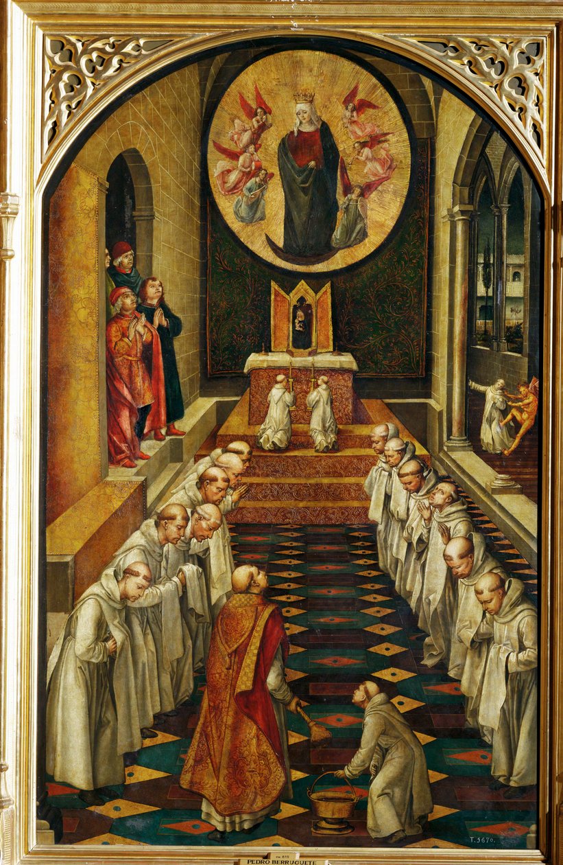 A Virgem aparece a uma comunidade de monges dominicanos e abençoa-os ... (pintura sobre madeira) de Pedro Berruguete