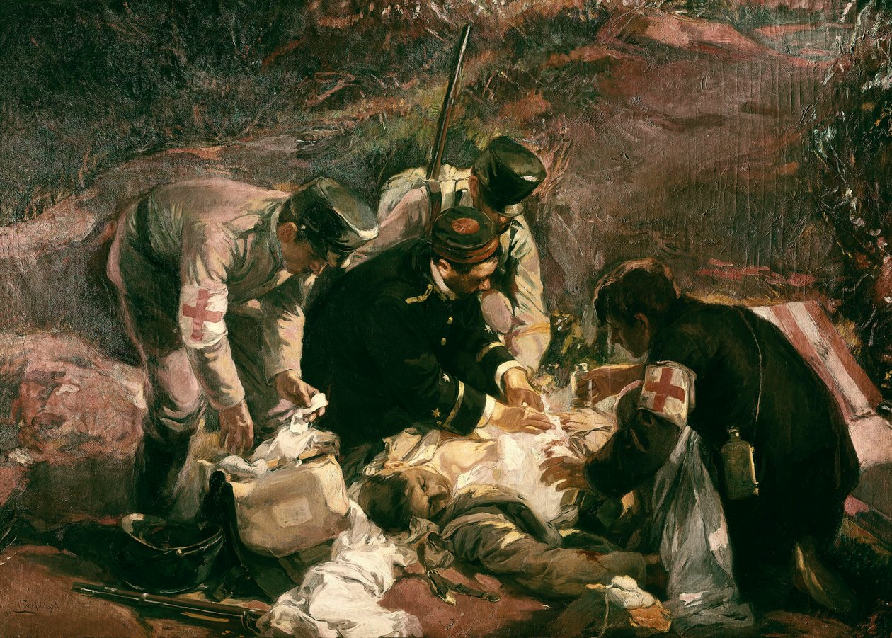 Doação de sangue" Uma ferida de guerra é resgatada por voluntários da Cruz Vermelha (pintura) de Pedro Ferrer Calatayud