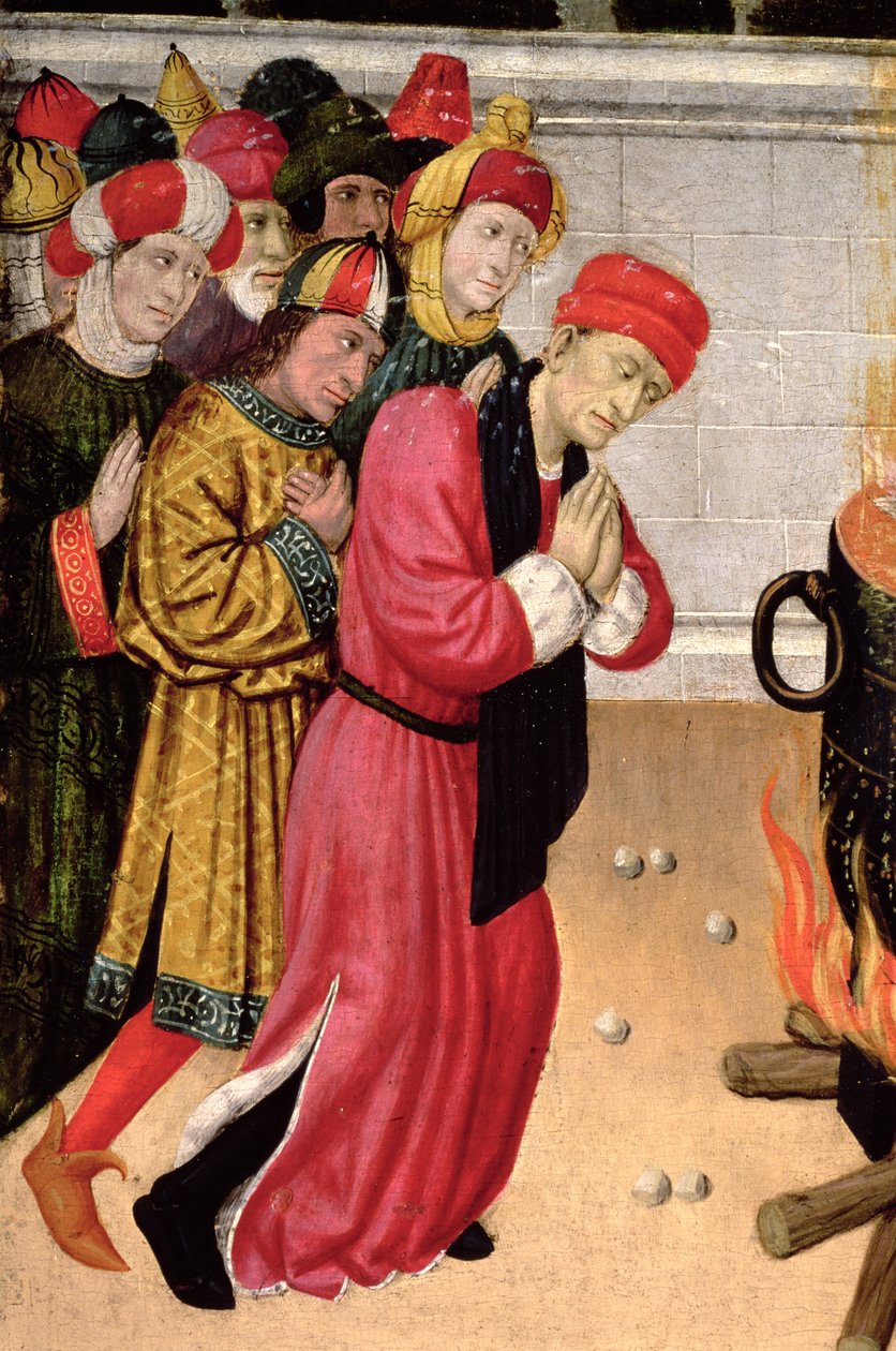 Um grupo de fiéis convertidos, detalhe do Retábulo de St. Quirze e St. Julita de Pedro García de Benabarre