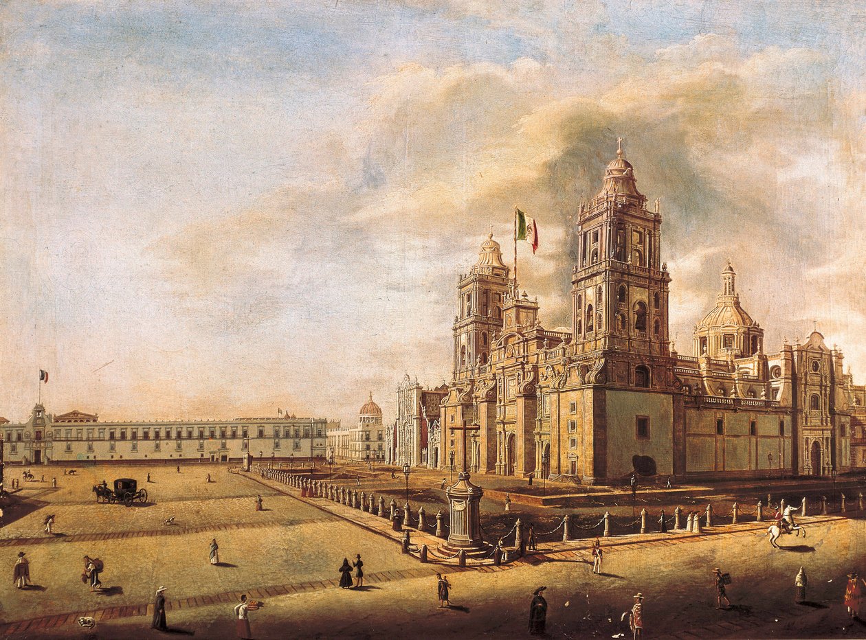 ""A Catedral Metropolitana e o Palácio Nacional na Cidade do México"" Pintura de Pedro Gualdi (1809-1857) por volta de 1840 Museu Nacional de História Cidade do México, México de Pedro Gualdi