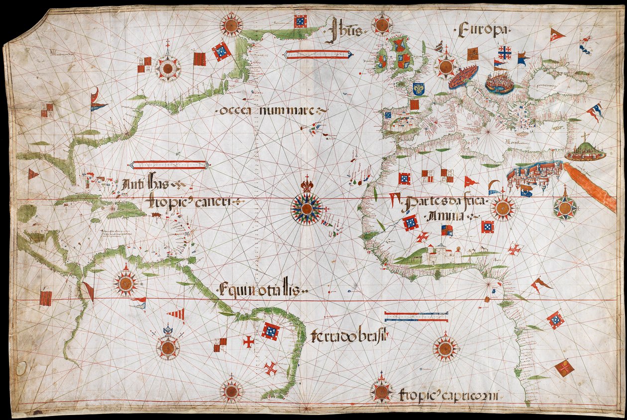 Carta do Oceano Atlântico, Mediterrâneo e Mar Negro, c.1535 (velino, papel) de Pedro Reinel