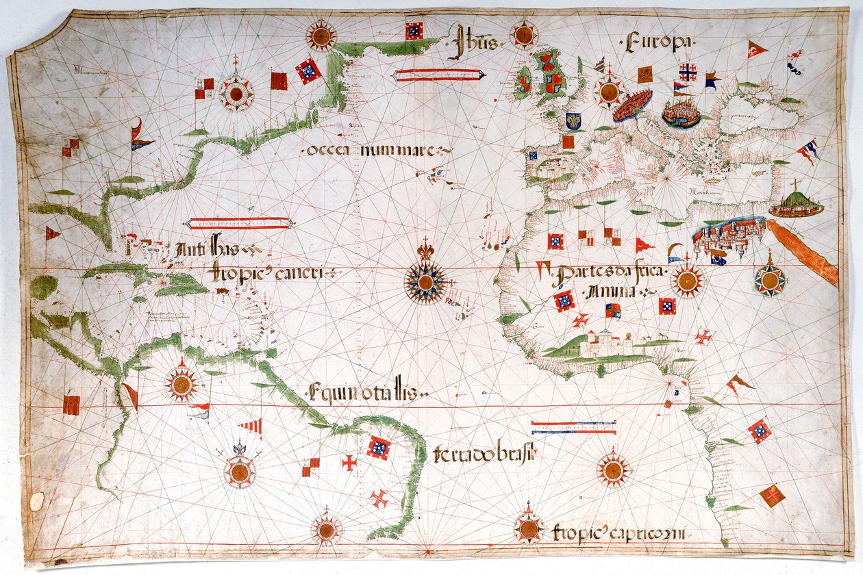Carta portulana do Oceano Atlântico, Mediterrâneo e Mar Negro, c.1535 (velino, papel) de Pedro Reinel
