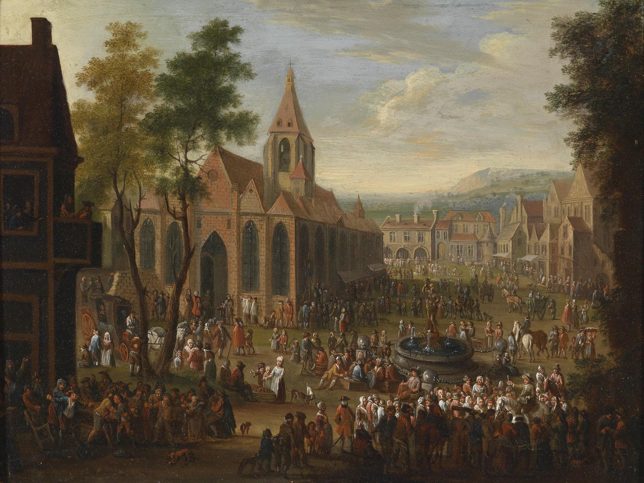 Uma festa em uma praça urbana com numerosas figuras de Peeter van Bredael