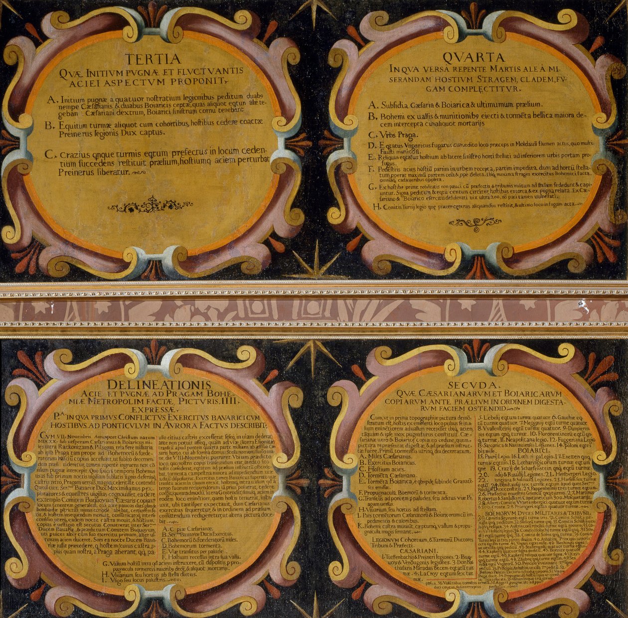 Legendas de quatro quadros da Batalha da Montanha Branca, 7-8 de Novembro de 1620, Pieter Snayers (1592-1667) conservados em Santa Maria della Vittoria, Roma de Peeter Snayers