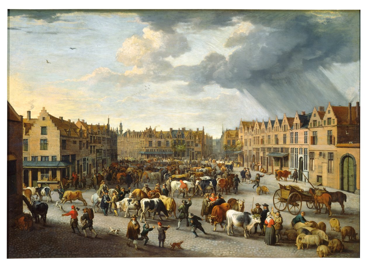 O Antigo Mercado do Boi em Antuérpia (óleo sobre tela) de Peeter van Bredael