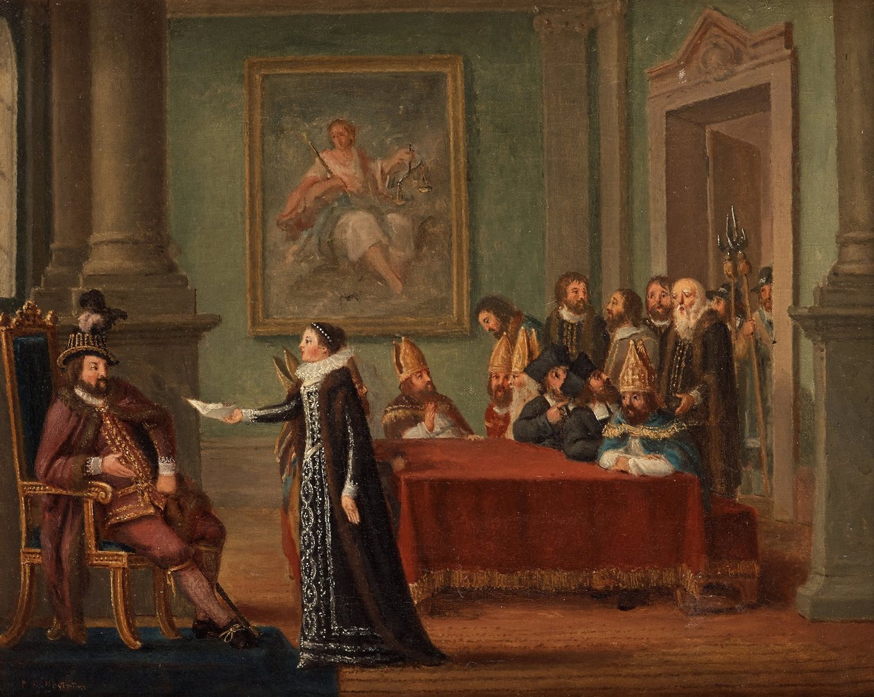 Christine Gyllenstierna (1494-1559) avec la lettre de sauf conduit, devant le roi Christian II de Danemark (1481-1559) - Christina Gyllenstierna com a carta de salvo-conduto perante Christian II par Hillestroem, Pehr (1732-1816). Óleo sobre tela, tamanho : de Pehr Hilleström