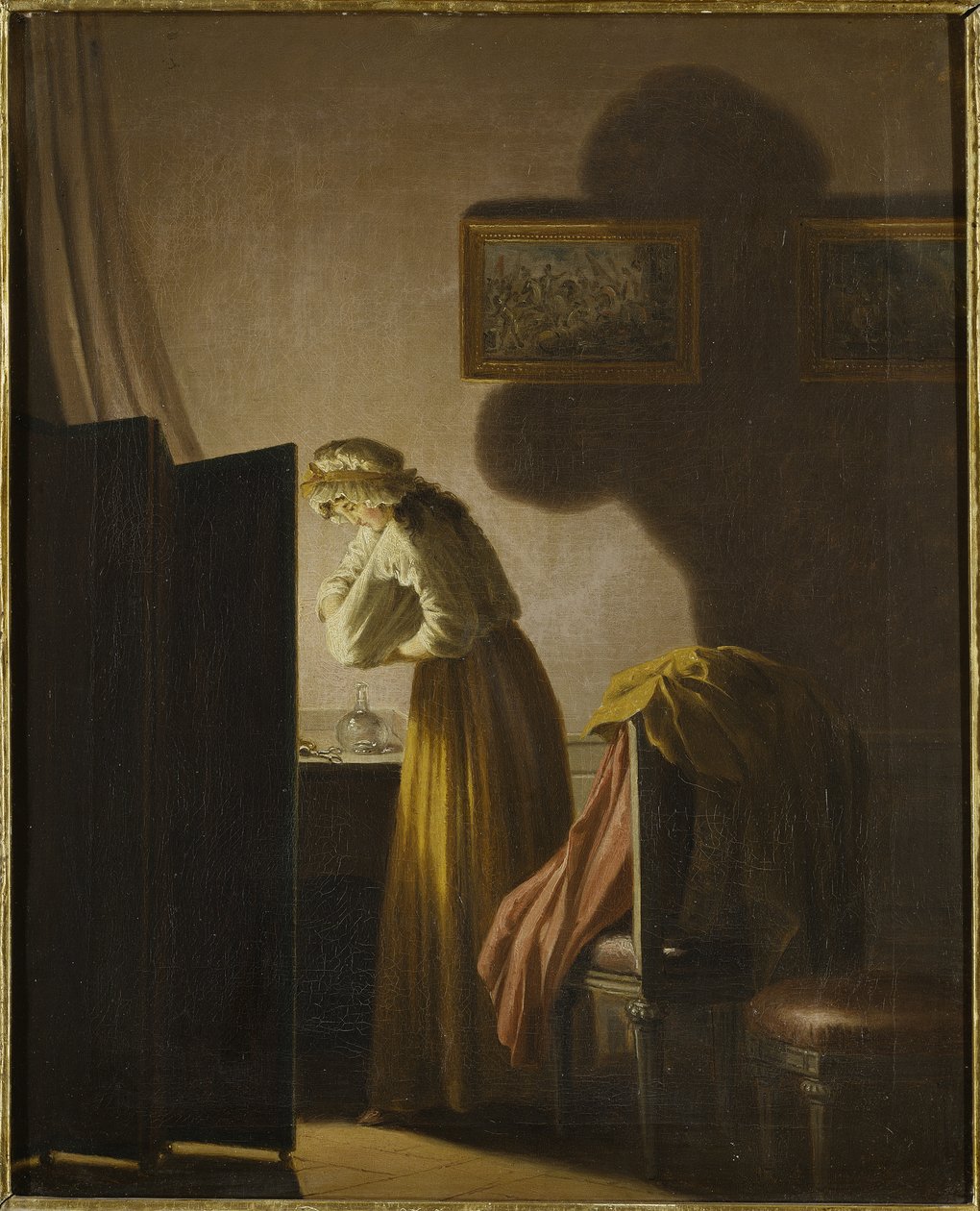 Une femme attrapant des puces a la lumiere de la bougie - A Woman Catching Fleas by Candlelight, de Hillestrom, Pehr (1732-1816). Óleo sobre tela. Dimensão : 51,5x42,5 cm. Nationalmuseum Stockholm de Pehr Hilleström