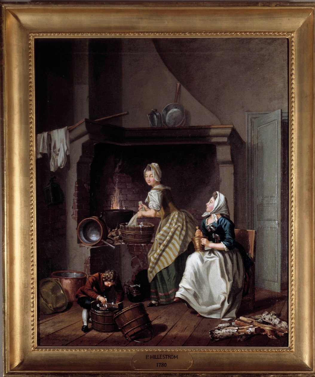 Women in the Kitchen Painting by Per Hillestrom (1732-1816) 1780 Stockhilm, Museu Nacional de Pehr Hilleström
