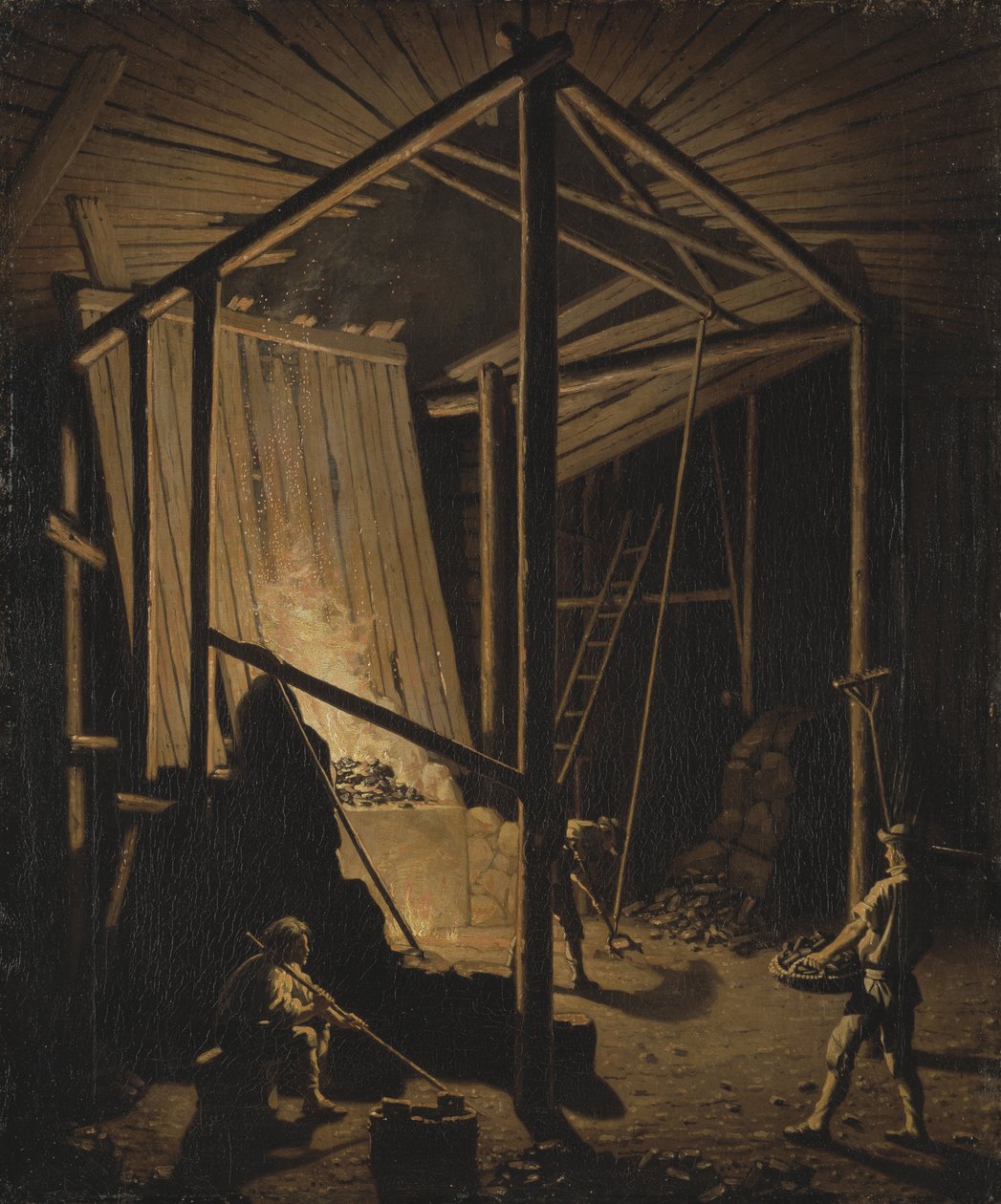 Fonderie de cuivre dans les mines de Falun (Suede) - Fundição de Cobre na Mina Falun, de Hillestrom, Pehr (1732-1816). Óleo sobre tela, ca. 1784. Tamanho: 79x65,5 cm. Museu Nacional de Estocolmo de Pehr Hilleström