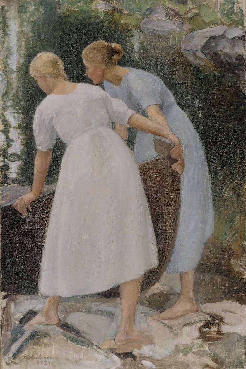 Garotas empurrando um barco, 1925. de Pekka Halonen