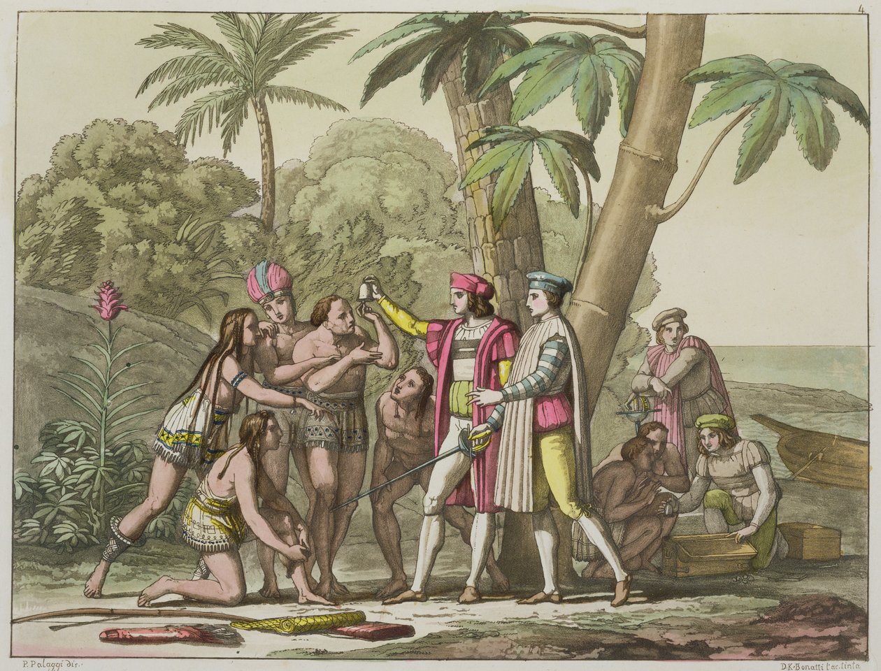 Christopher Columbus (1451-1506) com os nativos americanos, de &39;Le Costume Ancien et Moderne&39;, Volume I, placa 4, por Jules Ferrario, gravado por DK Bonatti, publicado c.1820s-30s (aquatint) de Pelagio Palagi
