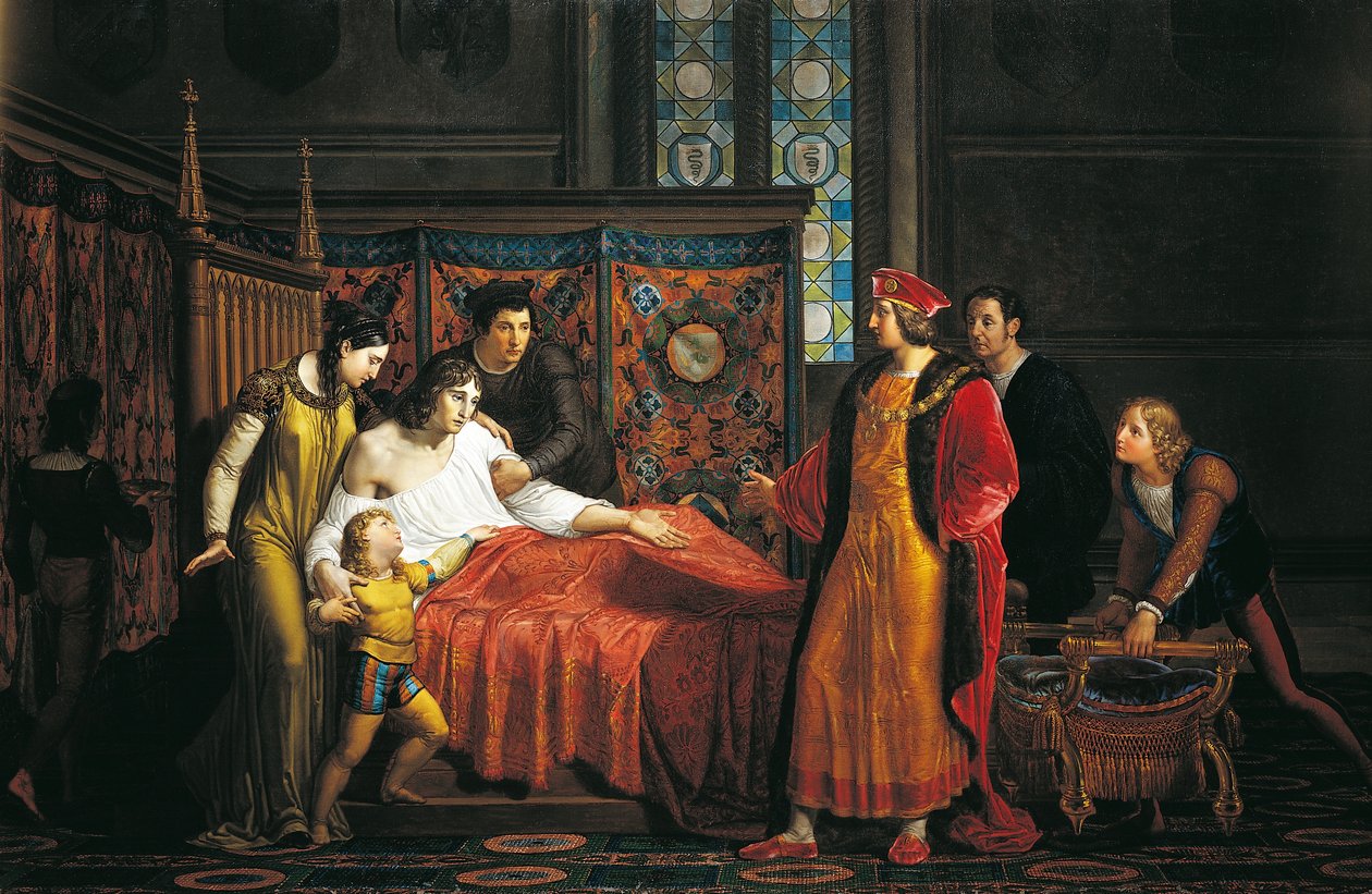 Carlos VIII visitando Gian Galeazzo Sforza, agonizante no Castelo de Pavia de Pelagio Palagi