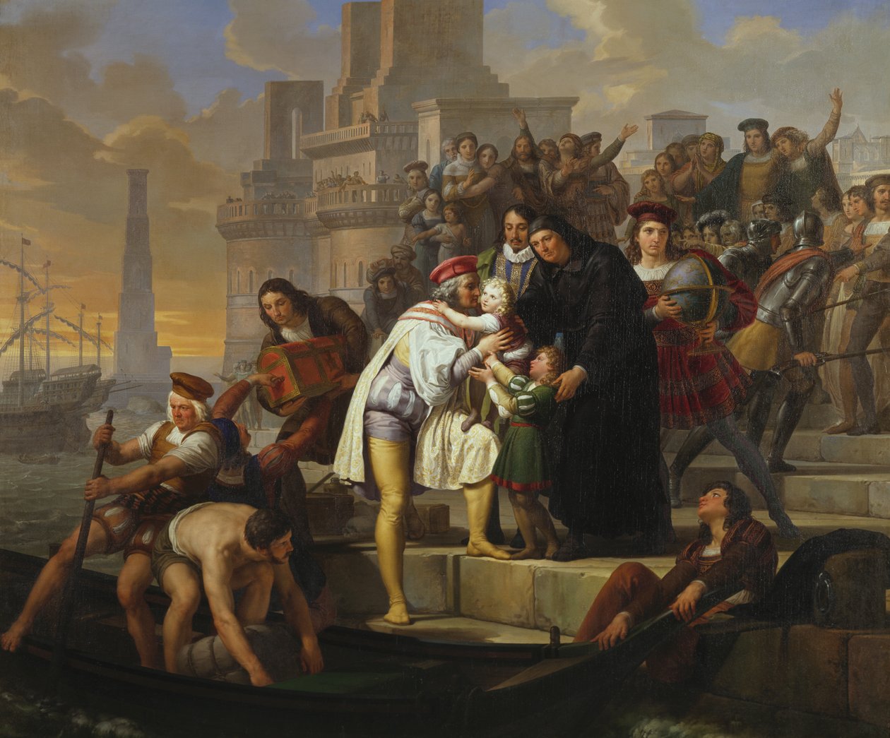 Cristóvão Colombo abraçando seus dois filhos e recomendando-os ao Padre Giovanni Perez antes de deixar Palos para a viagem de descoberta da América de Pelagio Palagi