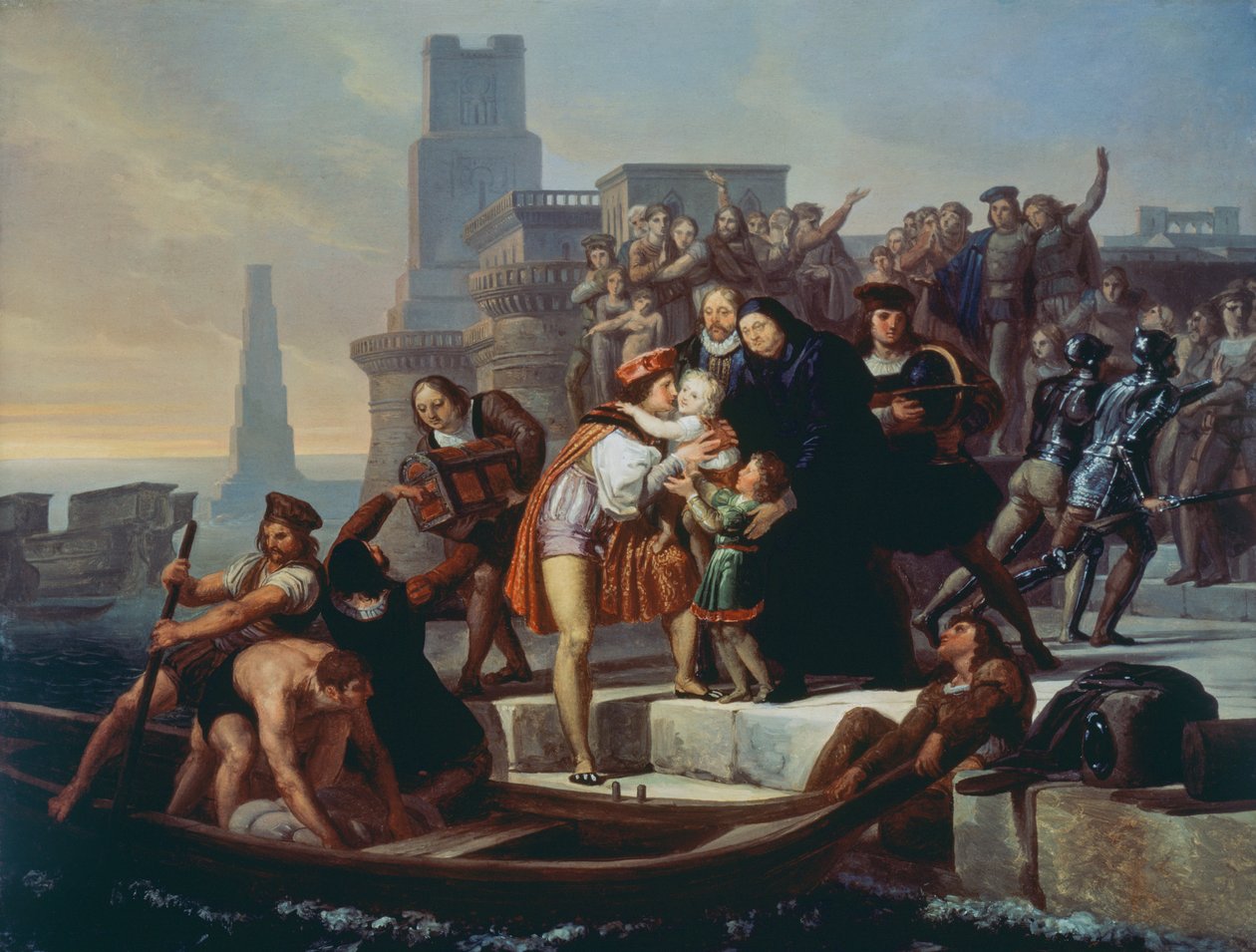 Cristóvão Colombo deixa o porto de Palos de la Frontera recomendando seus filhos ao Padre Giovanni Perez (1492) de Pelagio Palagi