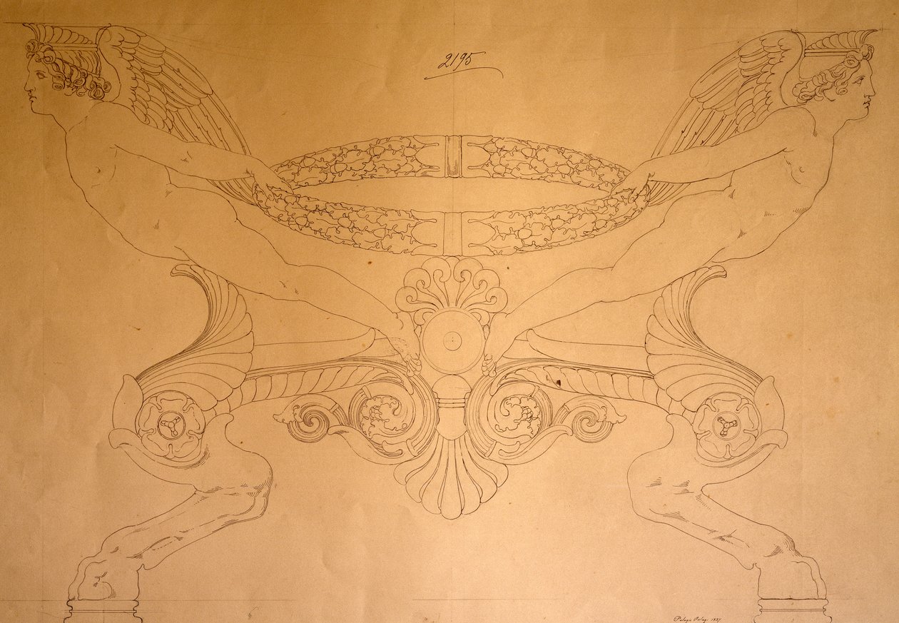 Desenho de banqueta em forma de casco com pernas, c.1837 (desenho) de Pelagio Palagi