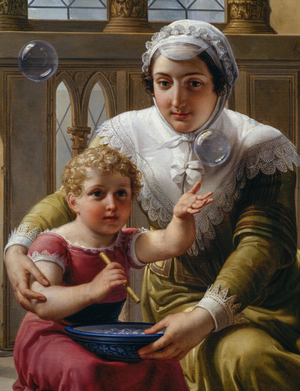 Mulher com criança e bolhas de sabão, detalhe da descoberta de Isaac Newton (1642-1727) da refracção da luz de Pelagio Palagi