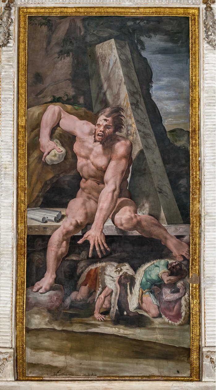 Companheiros de Ulisses a fugir de Polifemo, detalhe da Sala de Polifemo de Pellegrino Tibaldi