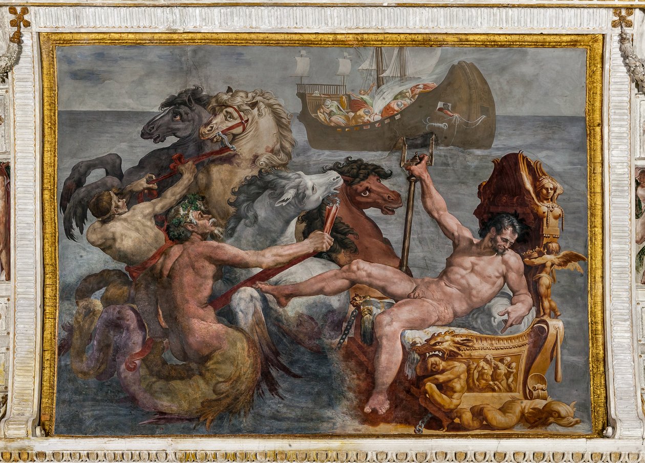 Netuno e o navio de Ulisses, detalhe da Sala de Polifemo de Pellegrino Tibaldi