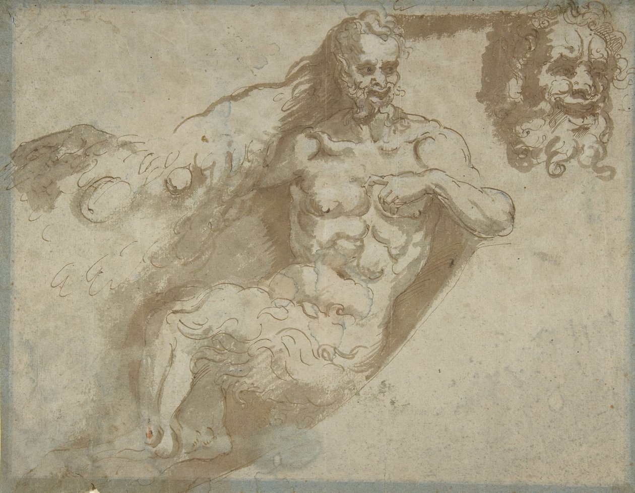 Sátiro sentado, com cabeça ampliada do mesmo reto, cabeça de mulher verso, 1527-96. de Pellegrino Tibaldi