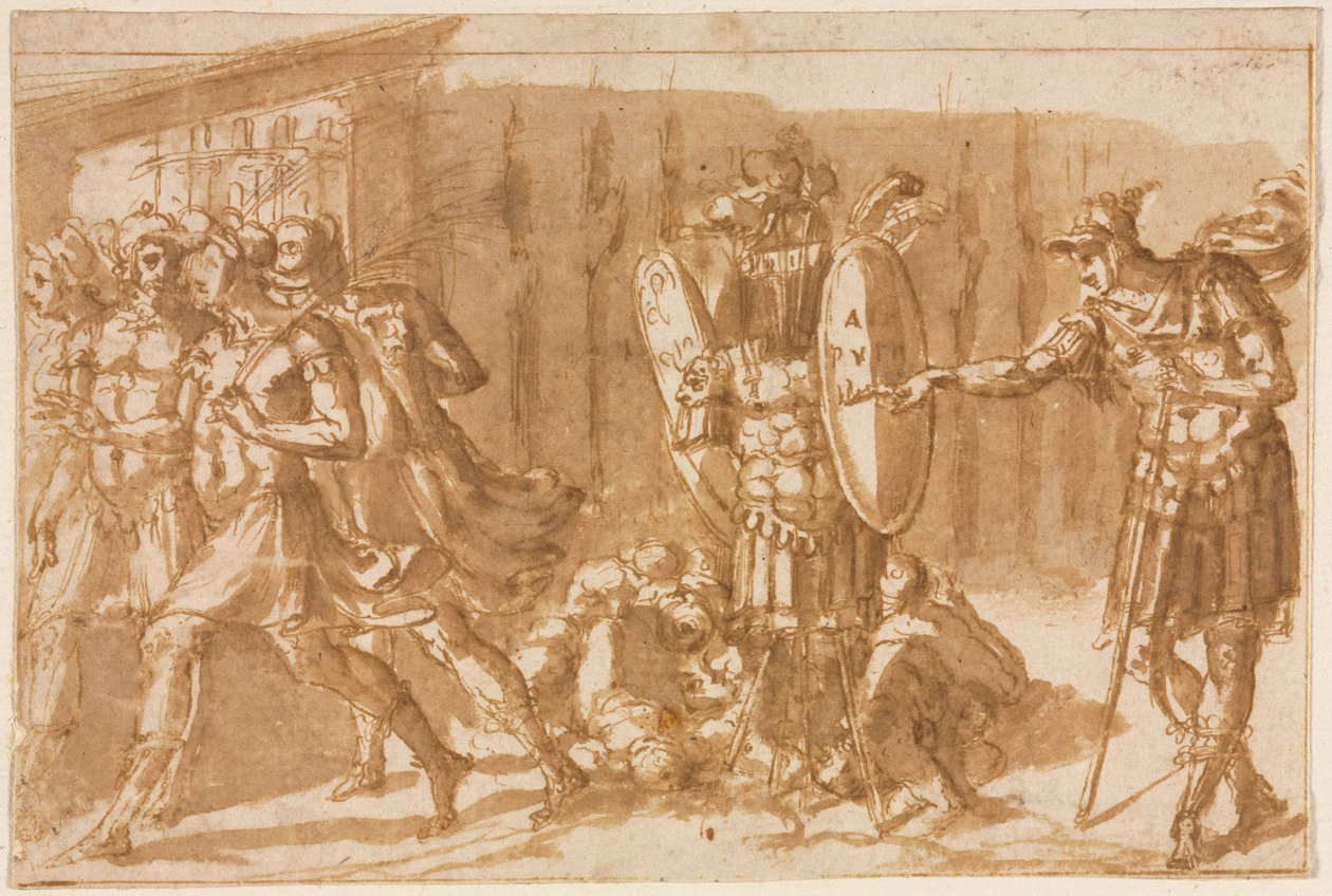 Soldados vitoriosos com troféu, década de 1550. de Pellegrino Tibaldi