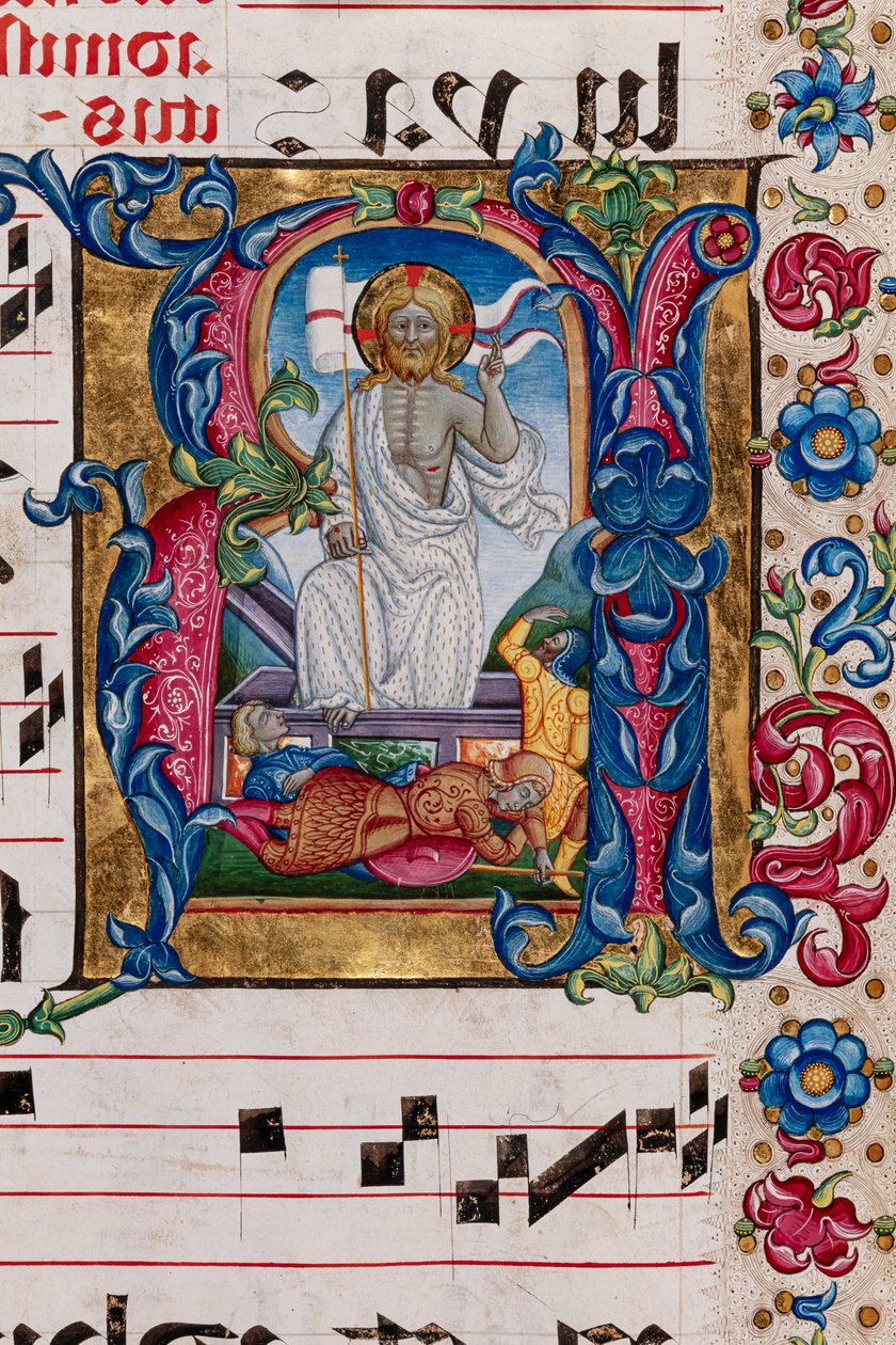 Biblioteca Piccolomini: livro coral, código. 101.7, ff. 14r com "Ressurreição de Cristo", de Pellegrino di Mariano. Detalhe. de Pellegrino di Mariano