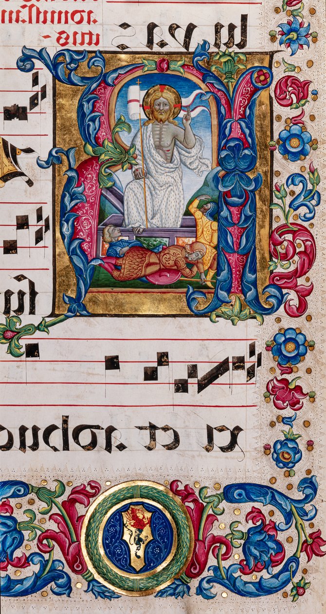 Biblioteca Piccolomini: livro coral, código. 101.7, ff. 14r com "Ressurreição de Cristo", de Pellegrino di Mariano. de Pellegrino di Mariano