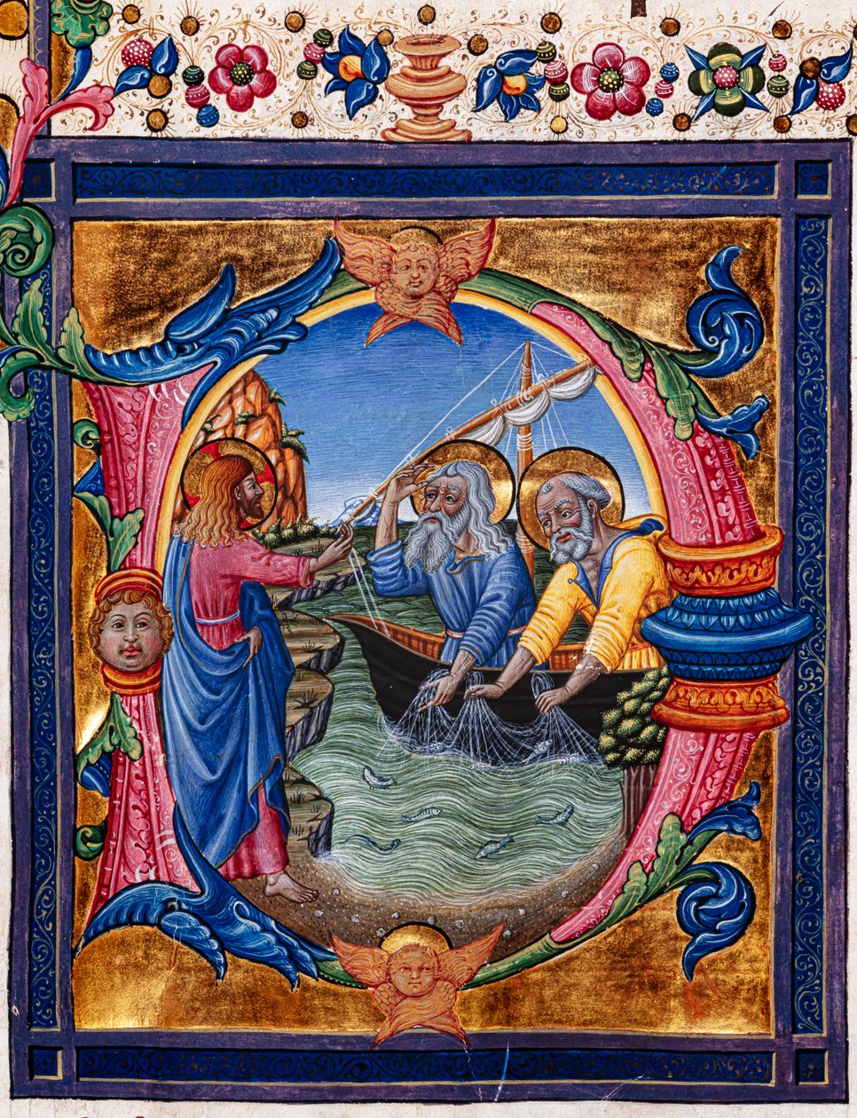 Biblioteca Piccolomini: livro coral, código. 11.M, ff. 4r com "Chamado de São Pedro e São André", de Pellegrino di Mariano. Detalhe. de Pellegrino di Mariano