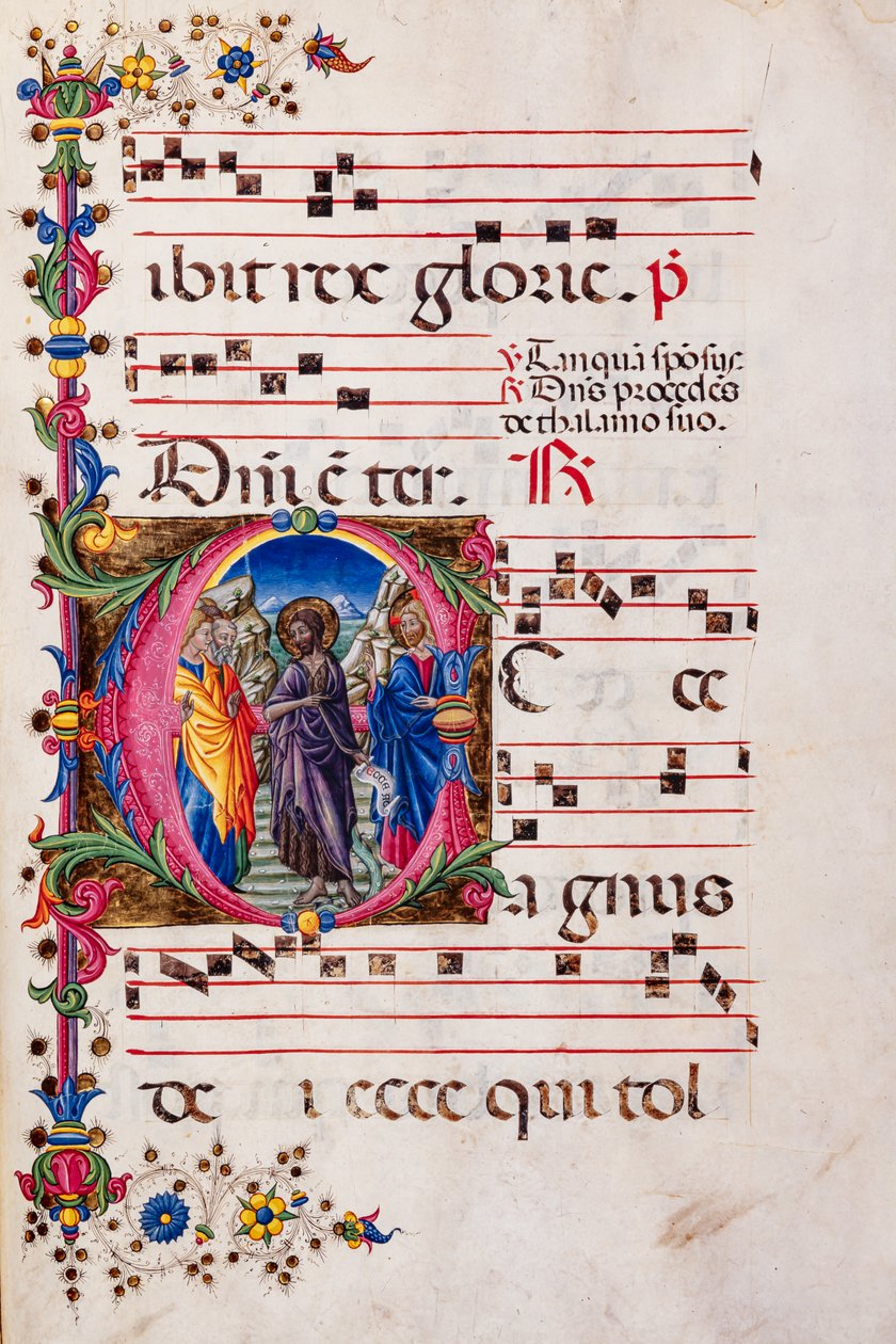 Biblioteca Piccolomini: livro coral, cód. 2.B, ss. 105r com “Pregação de São João Batista”, de Pellegrino di Mariano. de Pellegrino di Mariano