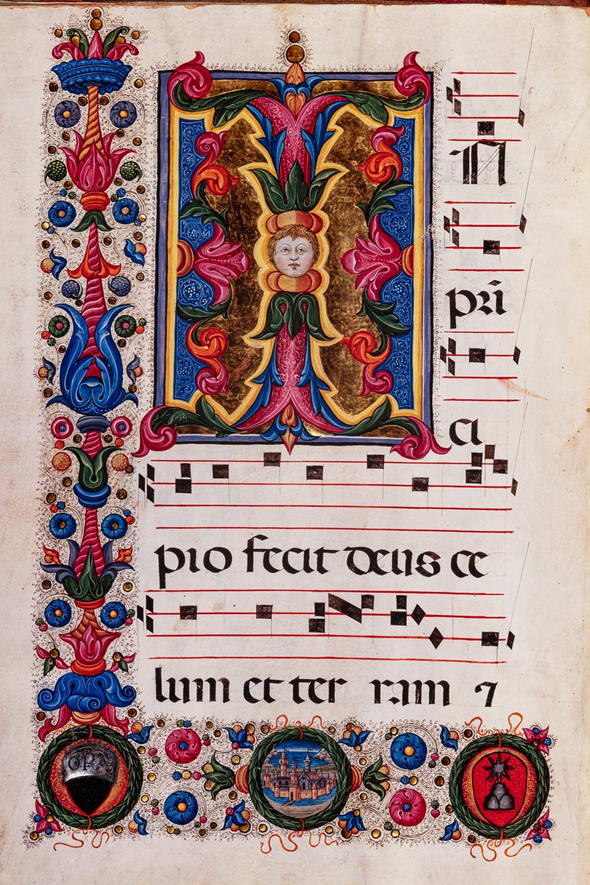Biblioteca Piccolomini: Livro Coro, cód. 5.E, ss. 4v com “Foliated Initial”, de Pellegrino di Mariano. de Pellegrino di Mariano