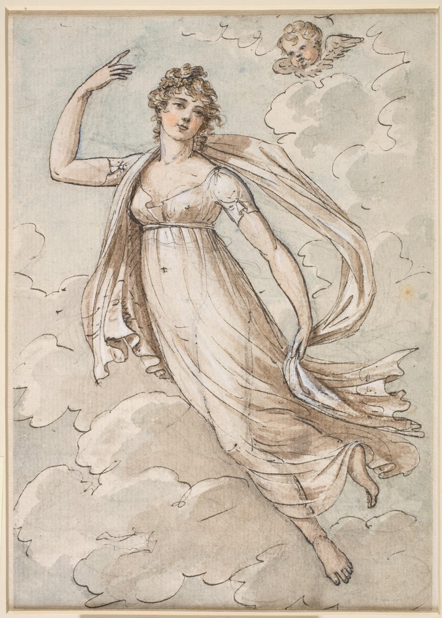 Mulher flutuando no céu, observada por um querubim de Peltro William Tomkins