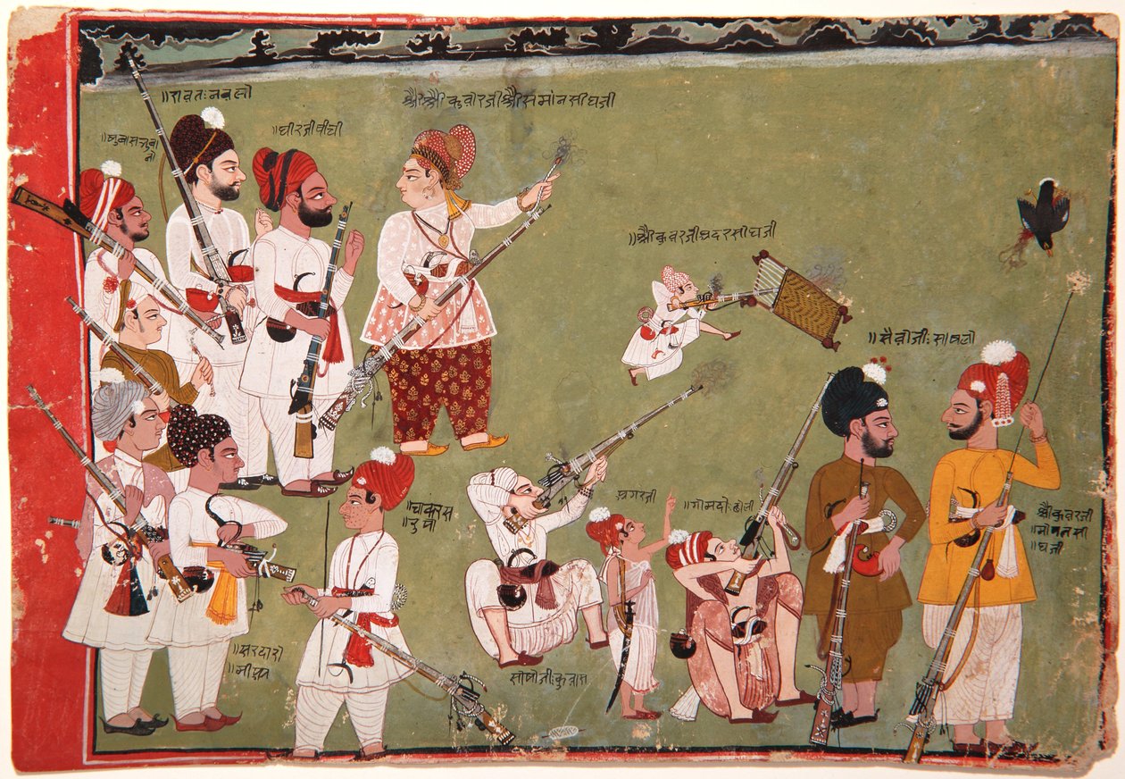 Adar Singh e Saman Singh atirando aves, c.1790 (wc opaca e ouro no papel) de Pemji
