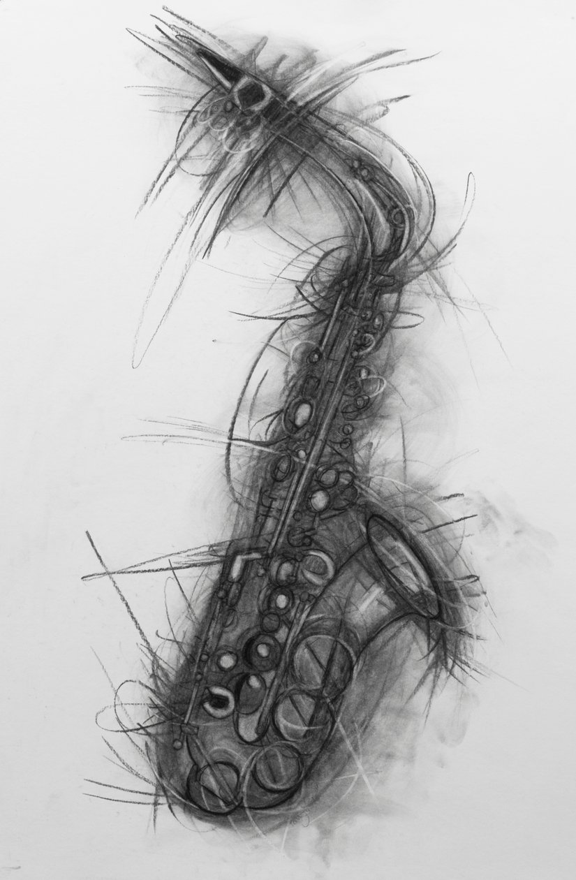 Saxofone 2005 (carvão vegetal sobre papel) de Penny Warden