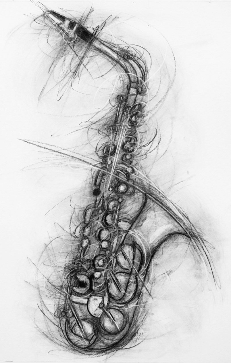 Saxofone 2005 (carvão vegetal sobre papel) de Penny Warden
