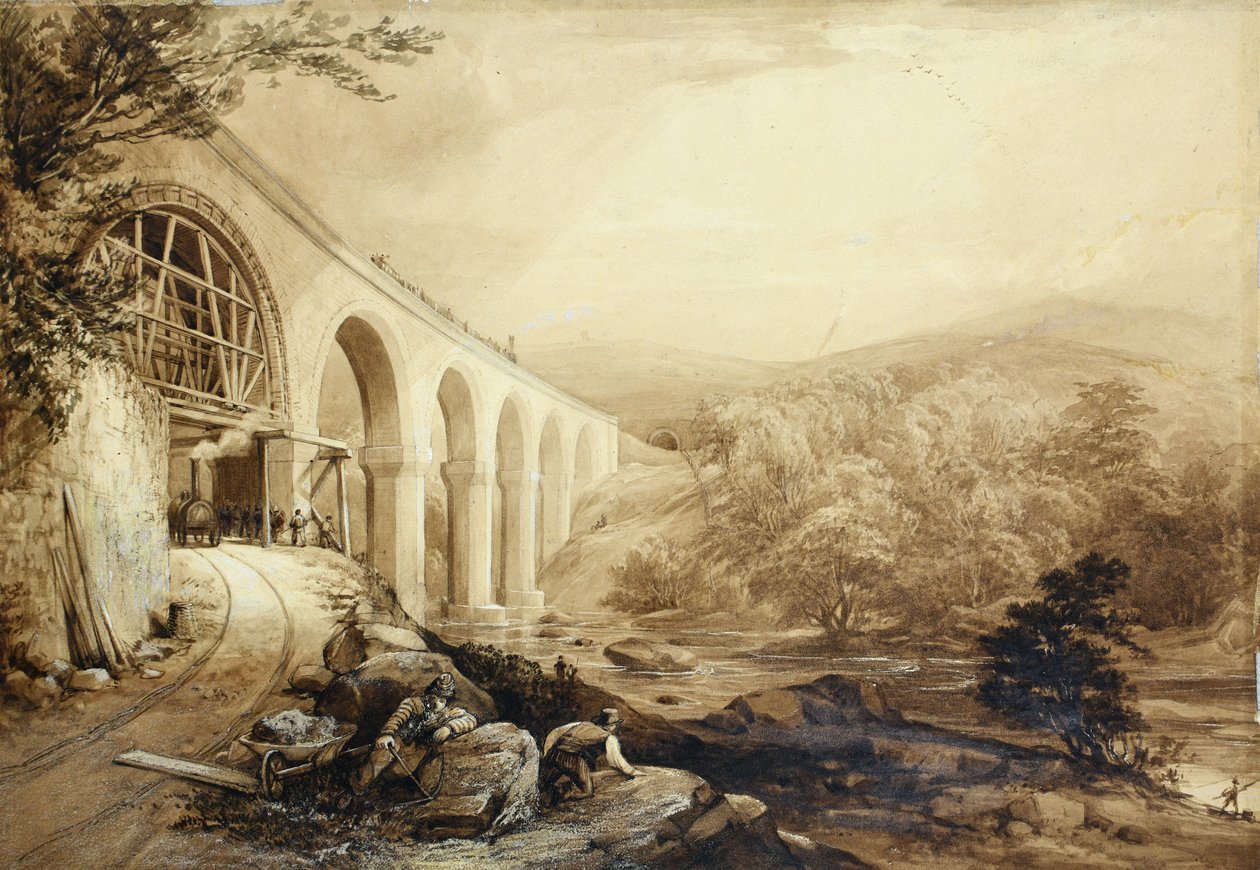 Viaduto de Quakers Yard, c.1840 (caneta e lavagem sobre papel) de Penry Williams